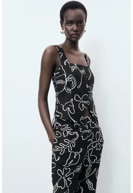 Къс елек с лен и принт