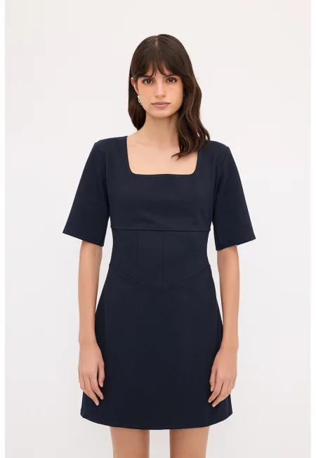 Къса разкроена рокля с квадратно деколте - Тъмносин