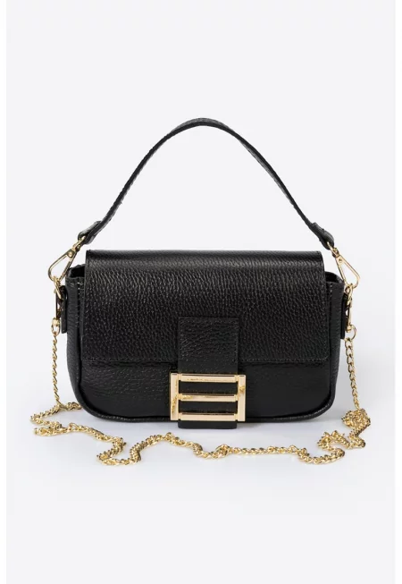 Кожена чанта с презрамка тип верижка - Черен