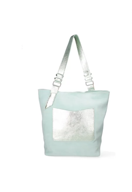 Кожена шопинг чанта с метализирани детайли - Светлосин