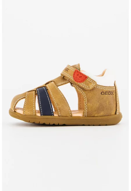 Кожени сандали с велкро и лого - Карамел