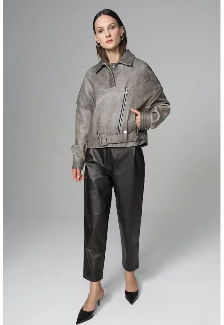Кожено яке с паднали ръкави - Сив