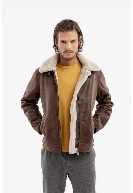 Кожено зимно яке Aviator с отделяща се качулка - Коняк кафяв