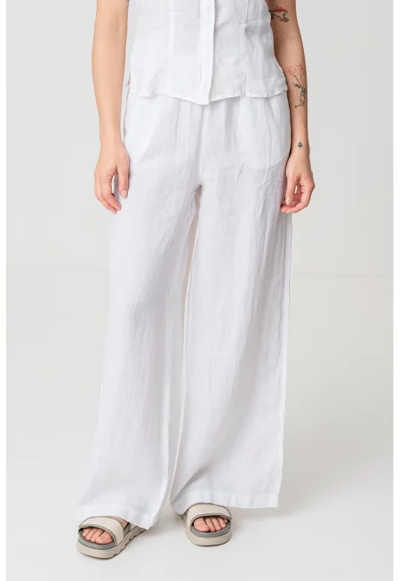 Ленен панталон с еластична талия и широк крачол - Бял