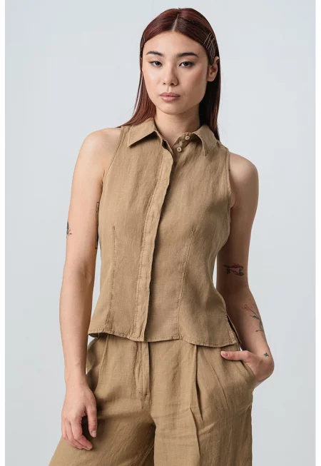 Ленена тениска с копчета - Каки