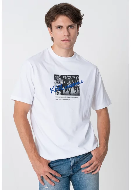 Памучна тениска с фотопринт - Бял/Сив/Кралско Синьо