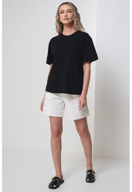 Памучна тениска с овално деколте - Черен
