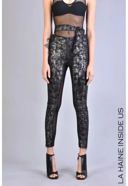 -Панталон с прозрачни детайли - връзка на талията и закопчаване с цип - Черен