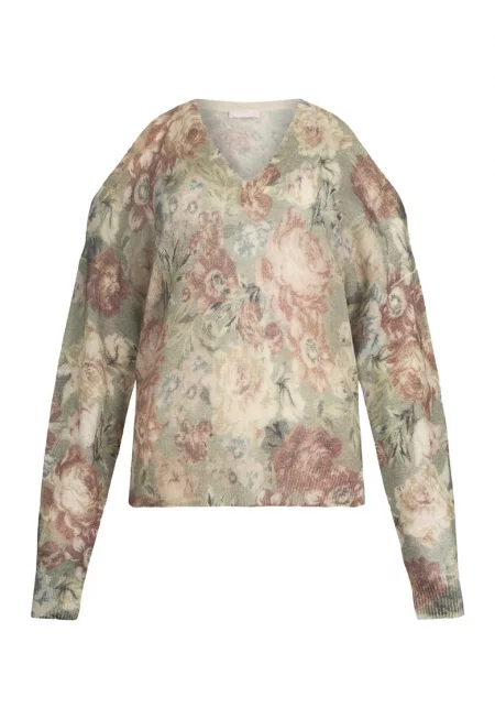 Пуловер с отвори на раменете - Бледозелен