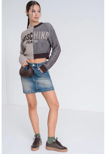 Пуловер с вълна с лого - Тъмнокафяв/Бежов