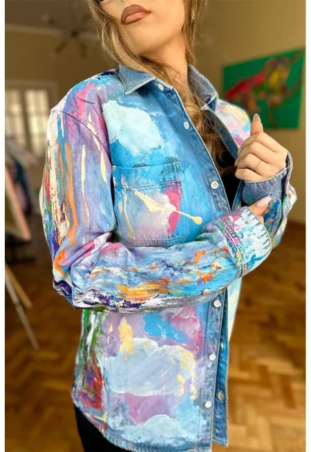 Ръчно рисувано яке от деним - Оранжев/Лилав/Син