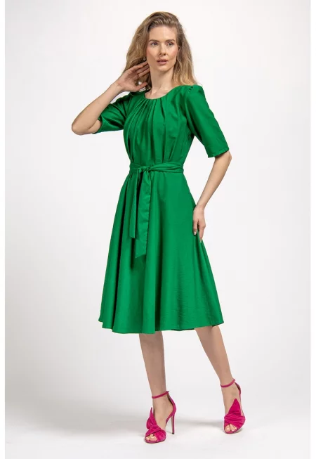Разкроена рокля с колан - Зелен