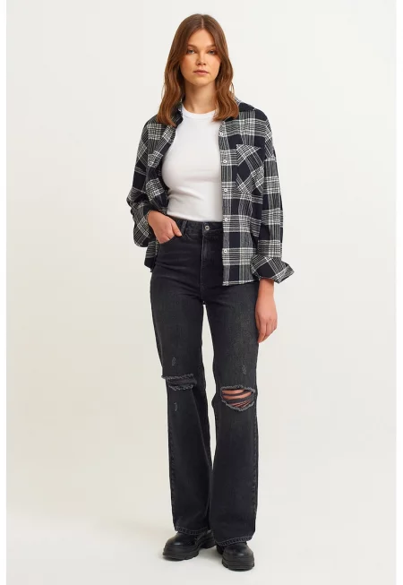 Разкроени дънки със захабени зони - Избеляло черно