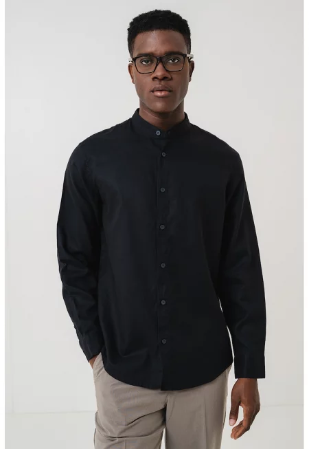 Риза с лиосел и лен с яка Henley - Черен