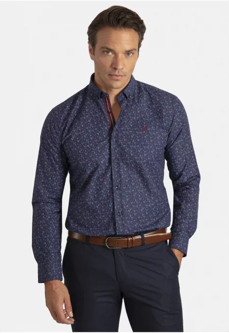 Риза със стандартна кройка и десен - Бордо/Тъмносин