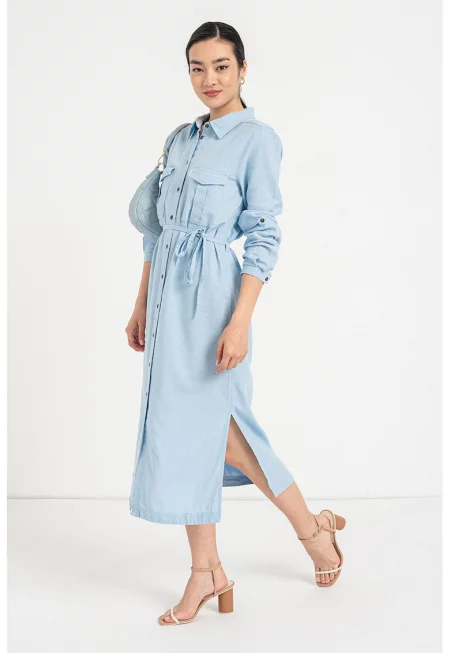 Рокля Caro с лен със странични цепки