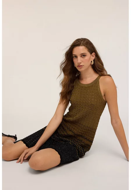 Рокля от кроше с къси ръкави - Черен/Тъмнокафяв