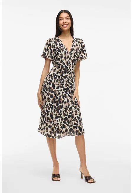 Рокля с деколте със застъпен дизайн - Черен/Светло бежово