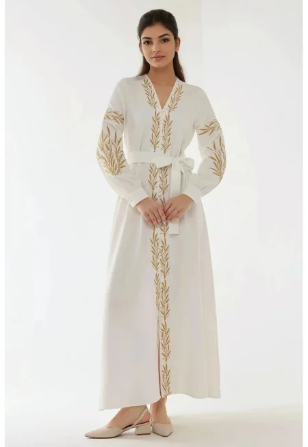 Рокля  V-образно деколте - бродерия - бяла - текстил