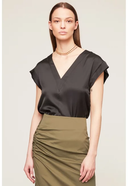 Сатинирана блуза с шпиц и къси ръкави - Избеляло черно