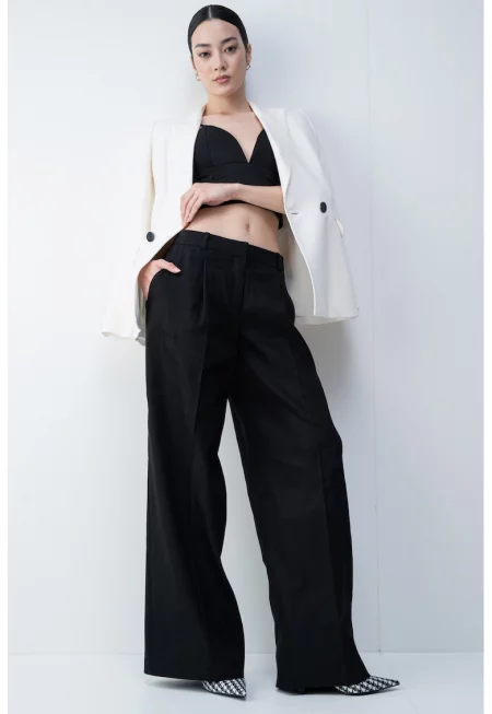 Широк панталон с лен - Черен