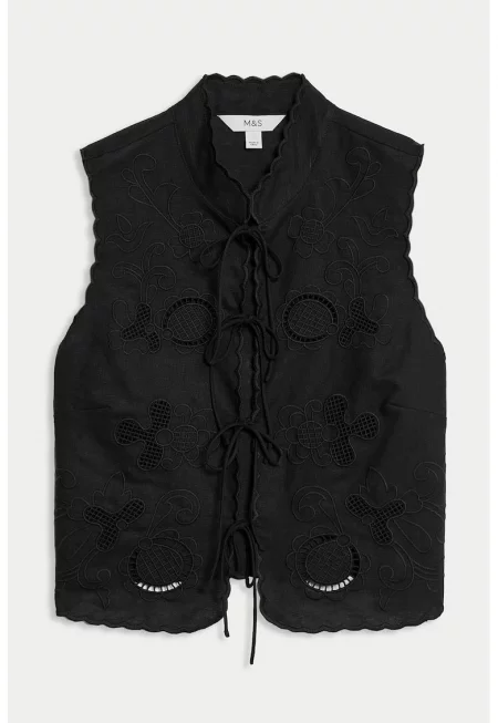 Слим елек Сан Гало с лен и памук - Черен