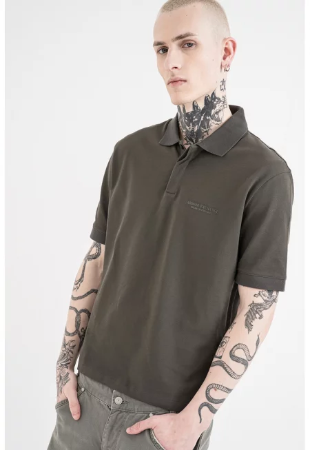 Слим тениска с яка и бродирано лого - Тъмно каки