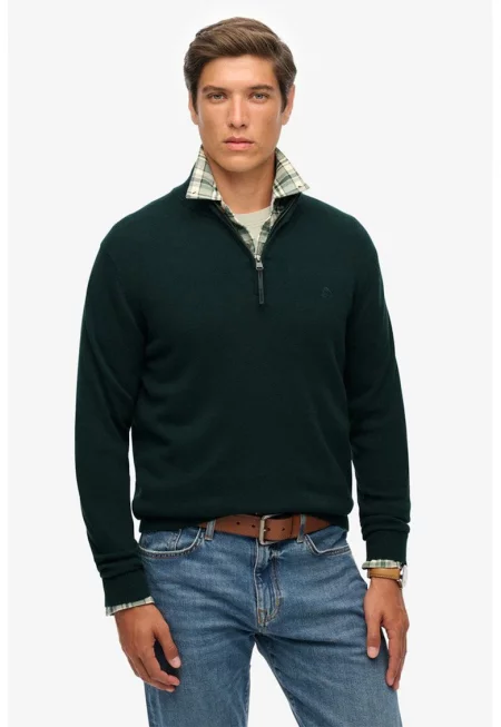 SUPERDRY - Пуловер от органичен памук с къс цип - Тъмнозелен