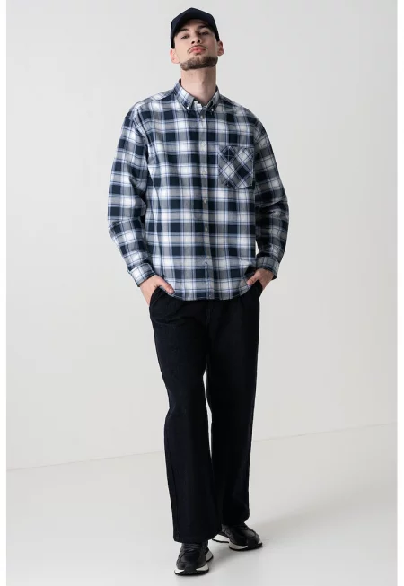 Свободна памучна риза Ebill - Бял/Син