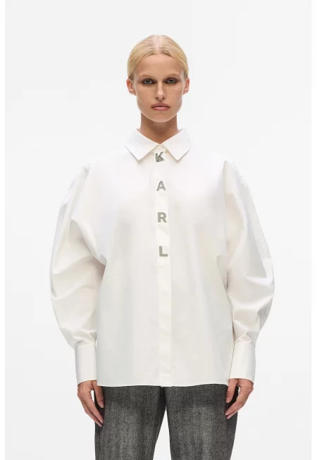 Свободна риза с бухнали ръкави и метално лого - Мръснобял