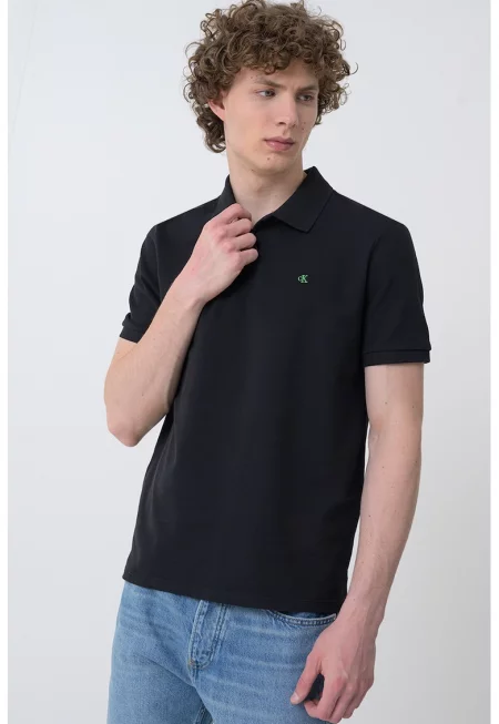 Тениска от памучно пике с яка с лого - Черен