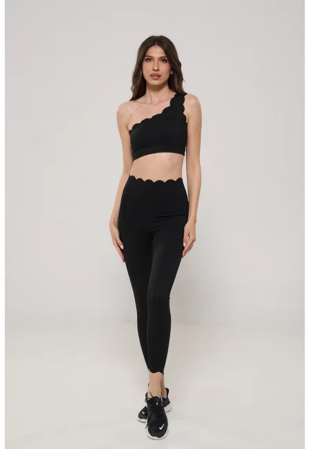 Топ с голо рамо и клин - 2 части - Черен