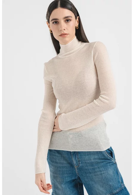 Вълнена полупрозрачна блуза тип поло - Слонова кост