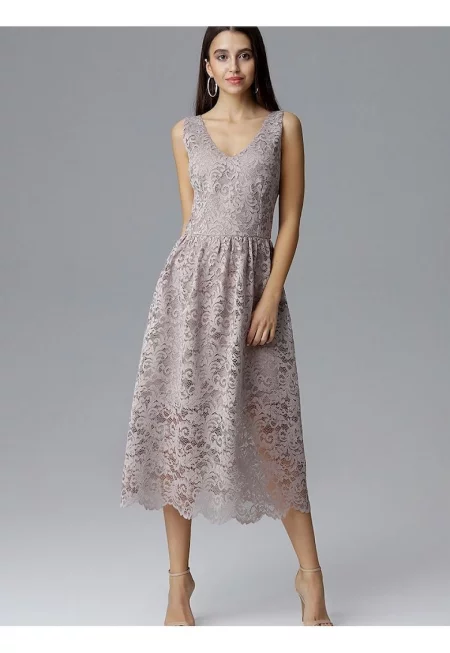 Вечерна рокля  дължина 7/8 - дантела - красиво деколте - бежово - полиестер-еластан -