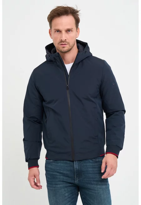 Зимно яке с качулка и джобове встрани - Тъмносин