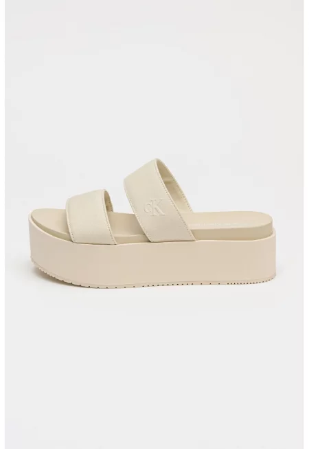 Чехли с равна платформа и двойна каишка - Бежов