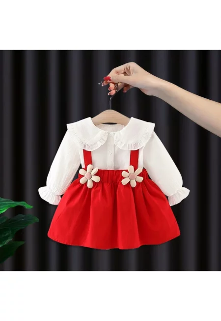 Червен тоалет за момичета: сарафан и риза Антония