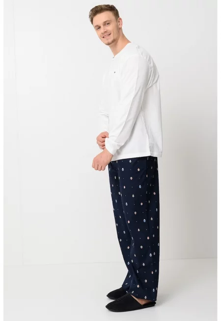 Дълга пижама от памук с графична шарка - Ултрамарин синьо/Бял