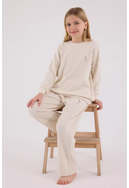 Дълга рипсена пижама с лого - Бежов