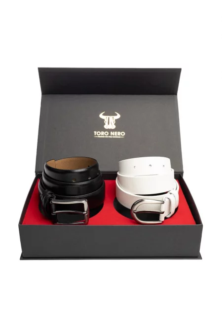 Дамски и мъжки комплект колани - естествена кожа - черно и бяло - Elegant-Basic