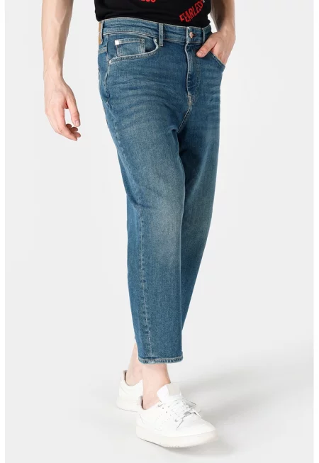 Дънки над глезена със захабен ефект - Син