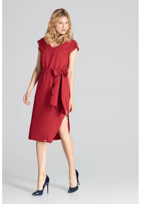 Елегантна рокля  бордо - с панделка - полиестер