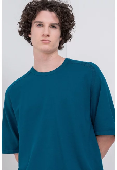 Фино плетен пуловер с къси ръкави - Син