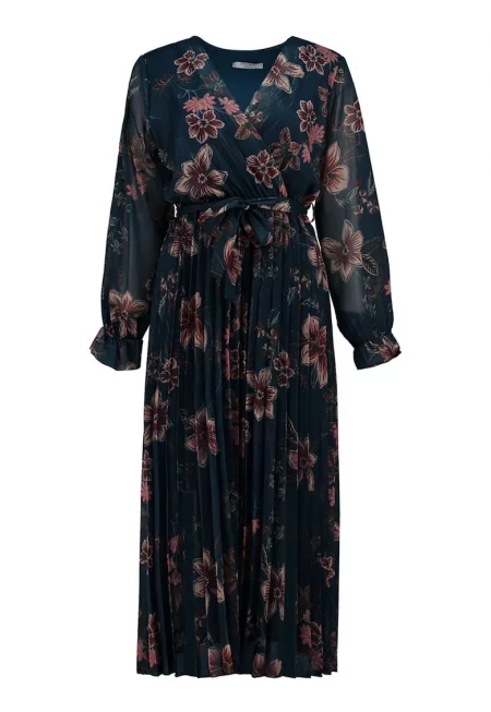 Флорална шпиц рокля - Прашно розово/Петролно синьо