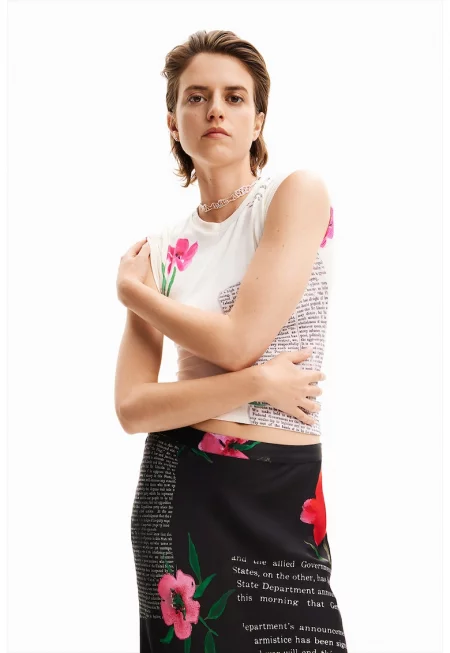 Флорална тениска с надпис - Бял/Розово