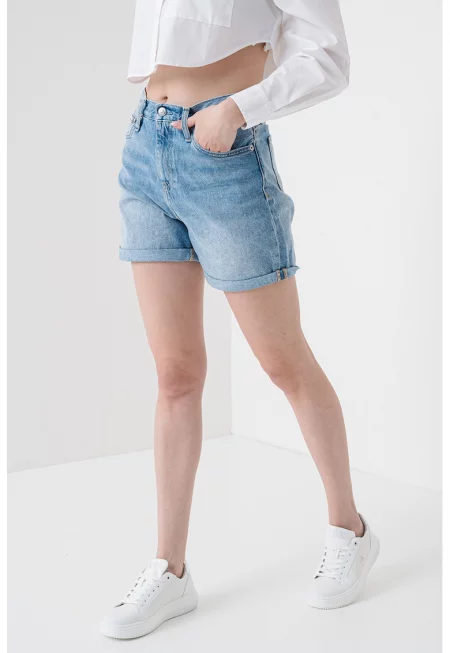 Къс панталон от деним с висока талия и усукан подгъв - Ледено синьо