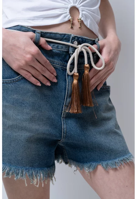 Къси дънки с връзка - Бежов/Син