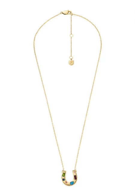 Колие тип верижка с висулка - Златист/Розово/Син