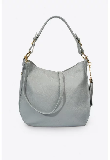 Кожена чанта hobo - Пепеляво сиво - 28x36x13