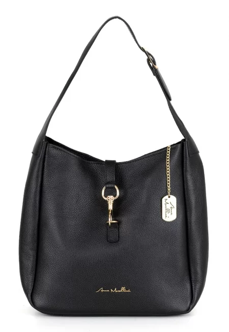 Кожена хобо чанта с отделящо се лого - Черен